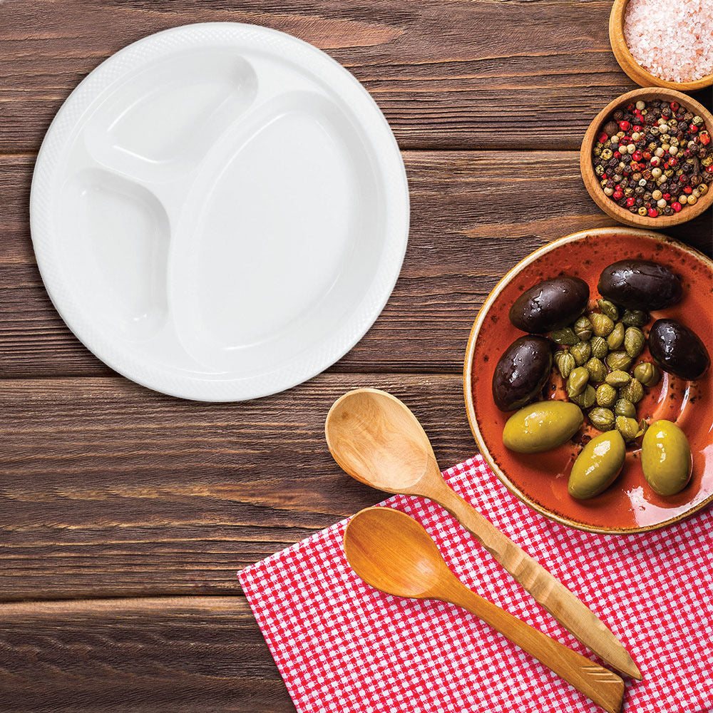 White Large 3 Compartment Plastic Plates (10 1/4 Inch) - 20 Pack
