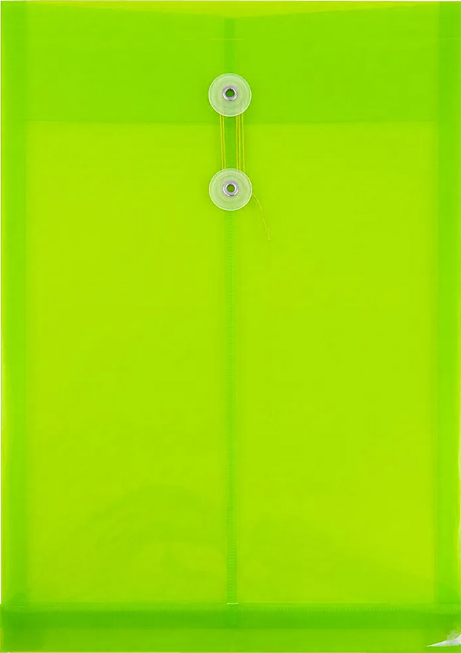 Lime Green Legal Open End Plastic Envelopes (9 3/4 x 14 1/2) with Button & String