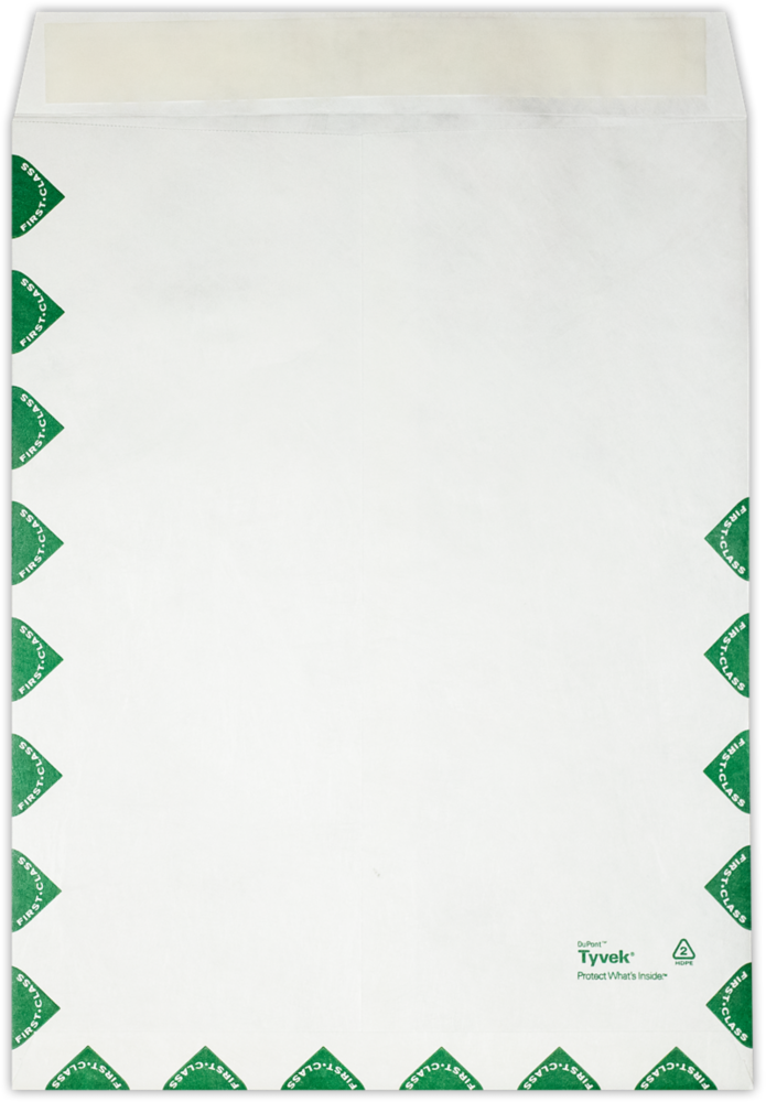 White Tyvek 14lb 9 1/2 x 12 1/2 Open End First Class Envelopes with Peel & Seal