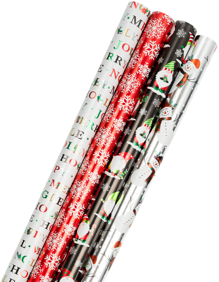 Snowy Holiday Foil Wrapping Paper Set (100 Sq Ft) - 4 Rolls