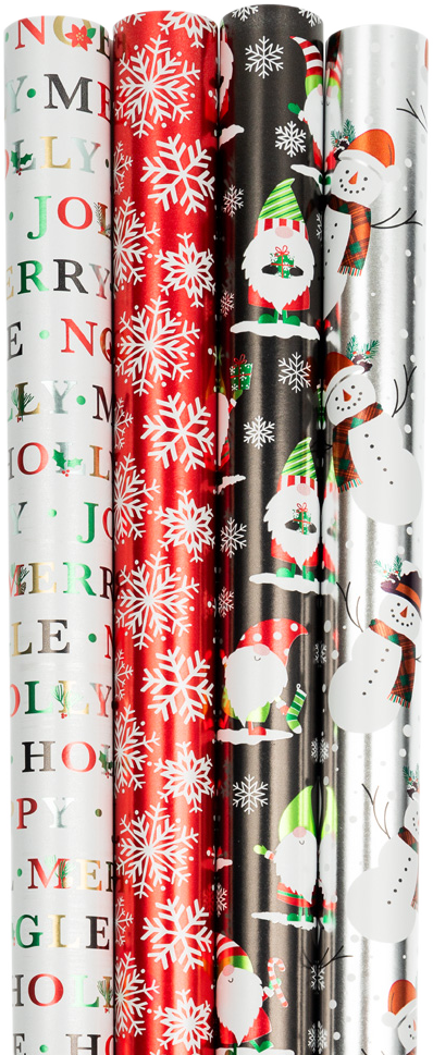 Snowy Holiday Foil Wrapping Paper Set (100 Sq Ft) - 4 Rolls
