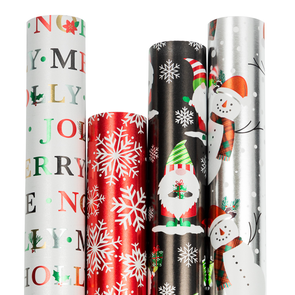 Snowy Holiday Foil Wrapping Paper Set (100 Sq Ft) - 4 Rolls