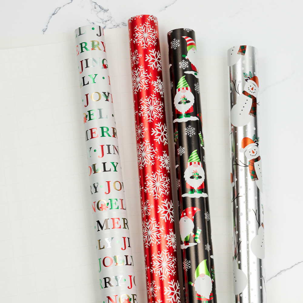 Snowy Holiday Foil Wrapping Paper Set (100 Sq Ft) - 4 Rolls