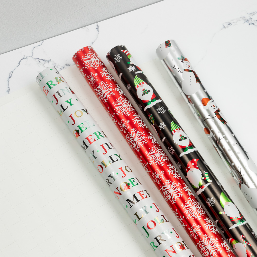 Snowy Holiday Foil Wrapping Paper Set (100 Sq Ft) - 4 Rolls