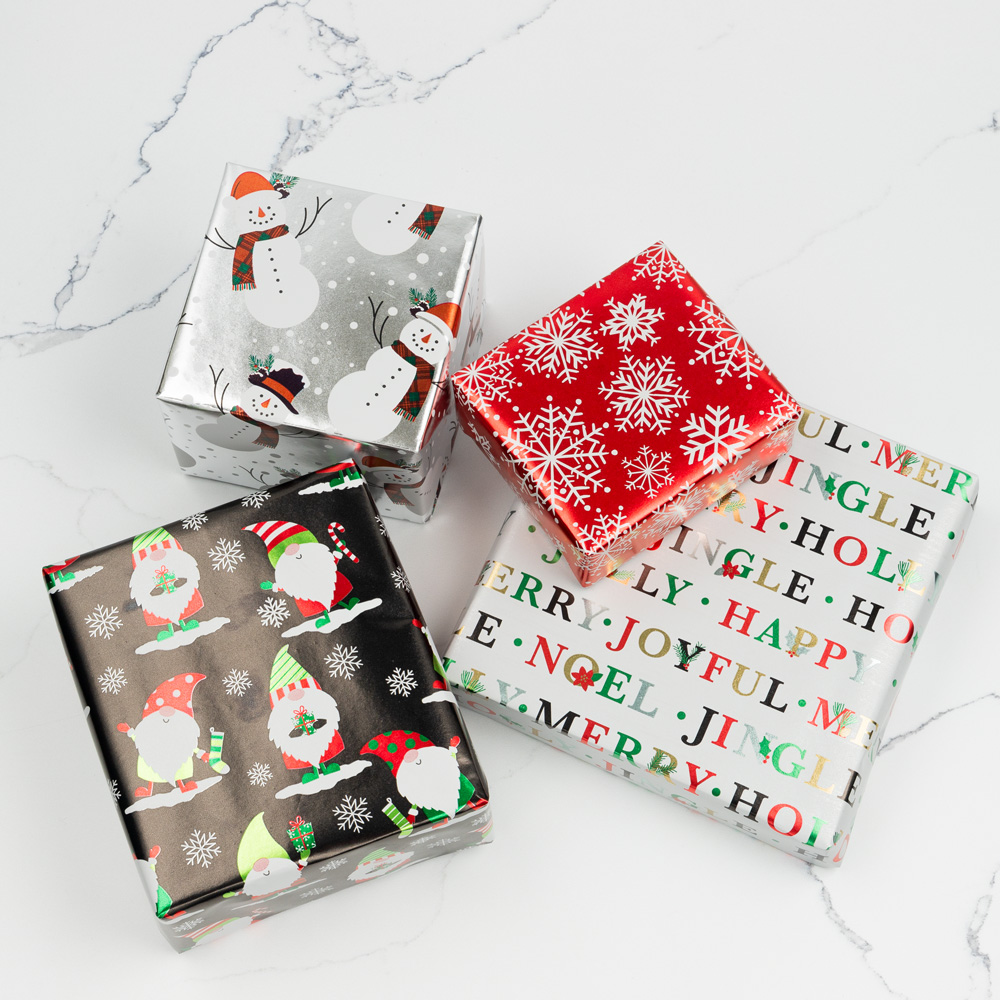 Snowy Holiday Foil Wrapping Paper Set (100 Sq Ft) - 4 Rolls