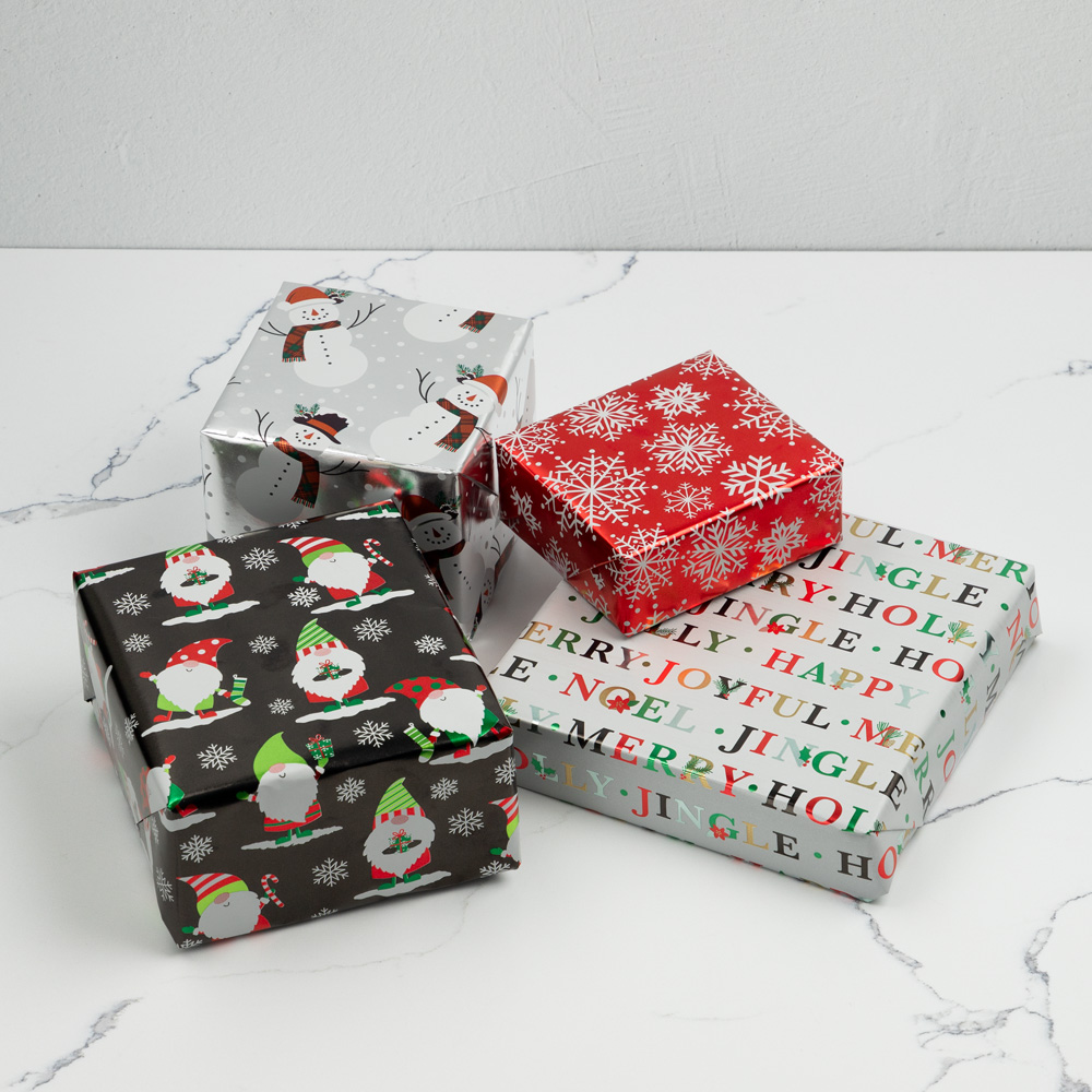 Snowy Holiday Foil Wrapping Paper Set (100 Sq Ft) - 4 Rolls