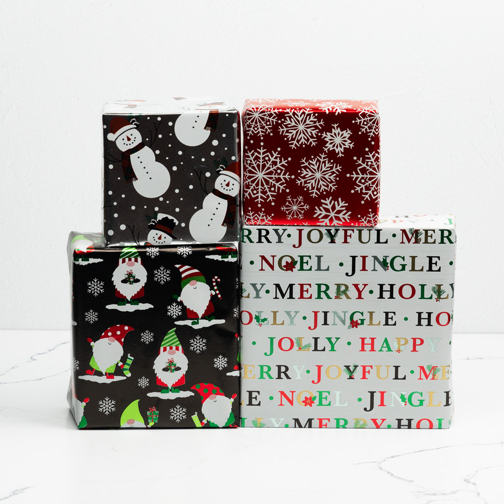 Snowy Holiday Foil Wrapping Paper Set (100 Sq Ft) - 4 Rolls