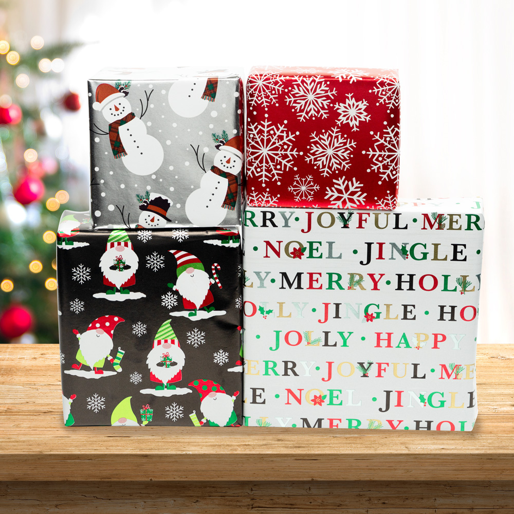 Snowy Holiday Foil Wrapping Paper Set (100 Sq Ft) - 4 Rolls