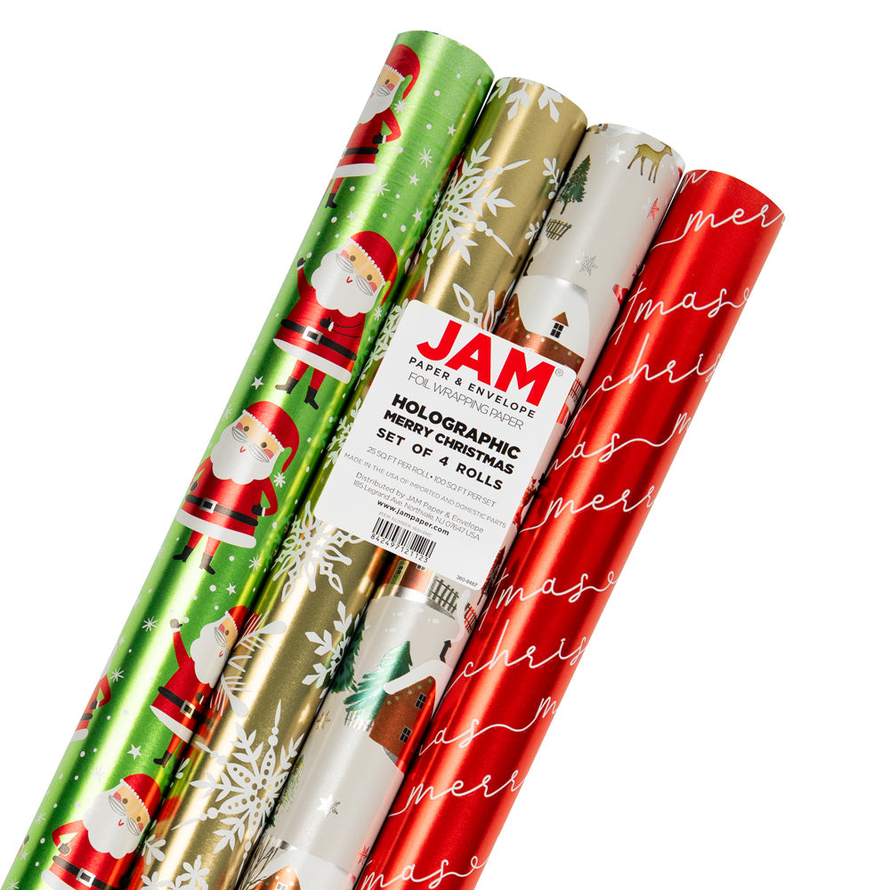 Holographic Merry Christmas Wrapping Paper Set (100 Sq Ft) - 4 Rolls