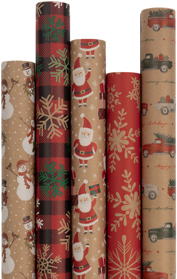 Kraft Christmas Wrapping Paper Set (125 Sq Ft) - 5 Rolls
