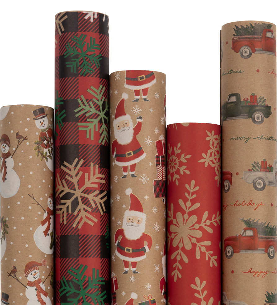 Kraft Christmas Wrapping Paper Set (125 Sq Ft) - 5 Rolls