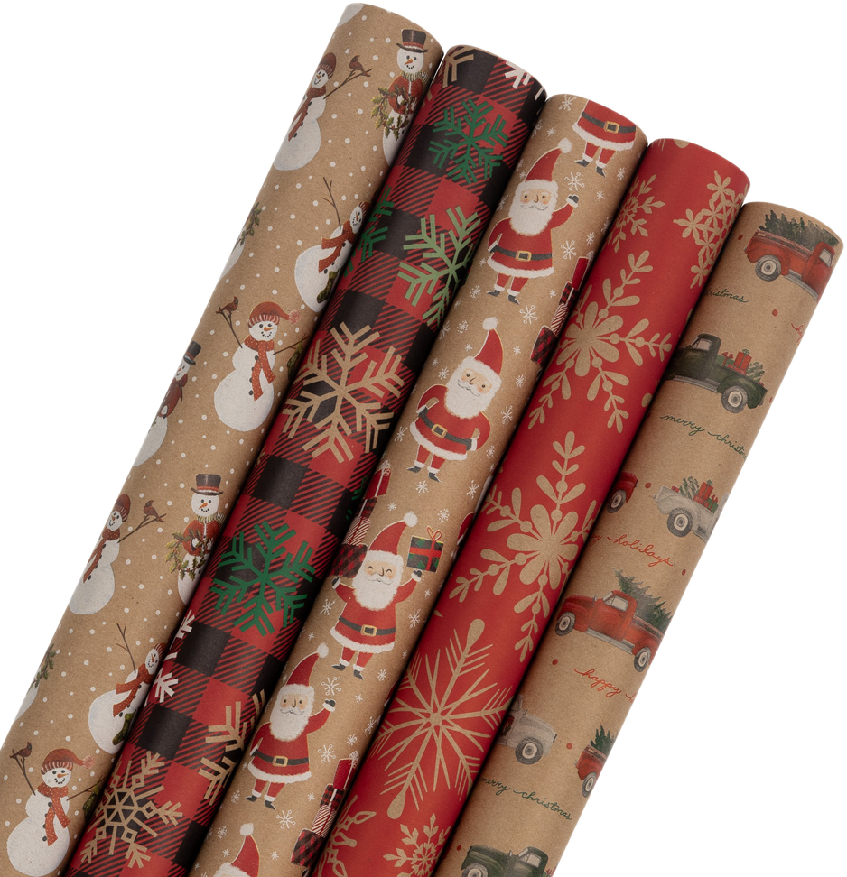 Kraft Christmas Wrapping Paper Set (125 Sq Ft) - 5 Rolls