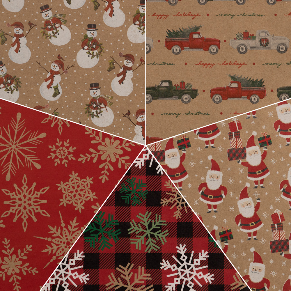 Kraft Christmas Wrapping Paper Set (125 Sq Ft) - 5 Rolls
