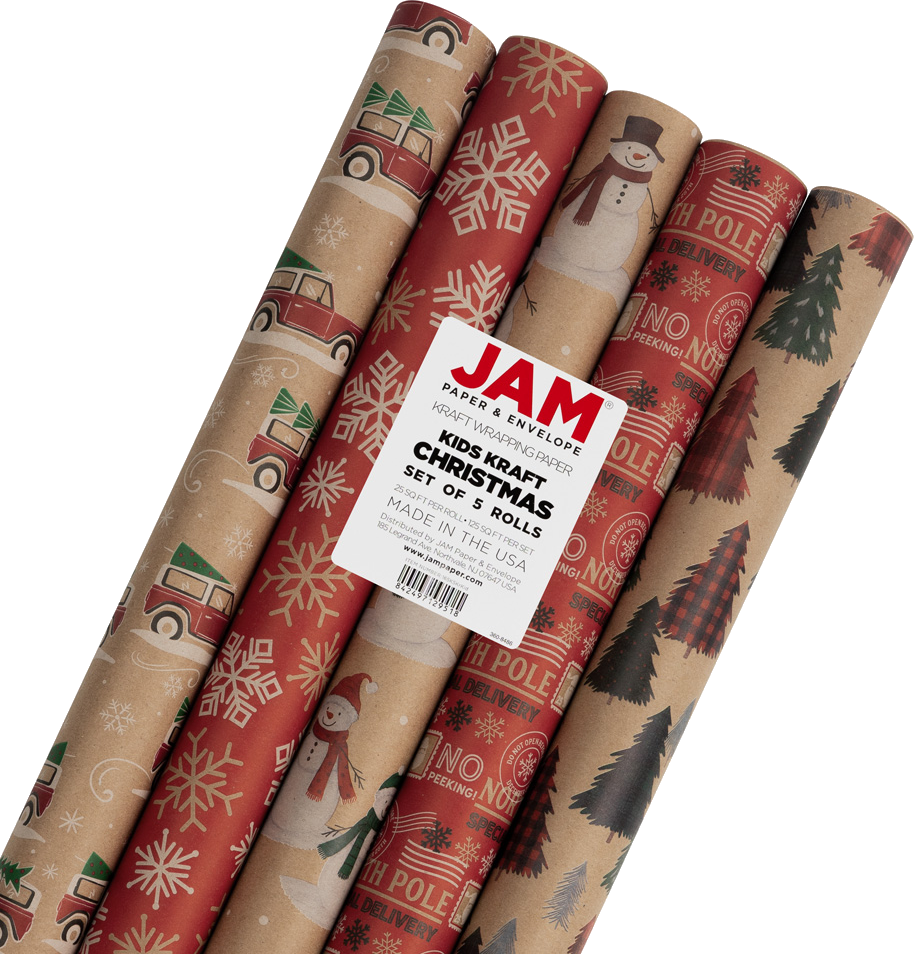 Kids Kraft Christmas Wrapping Paper Set (125 Sq Ft) - 5 Rolls