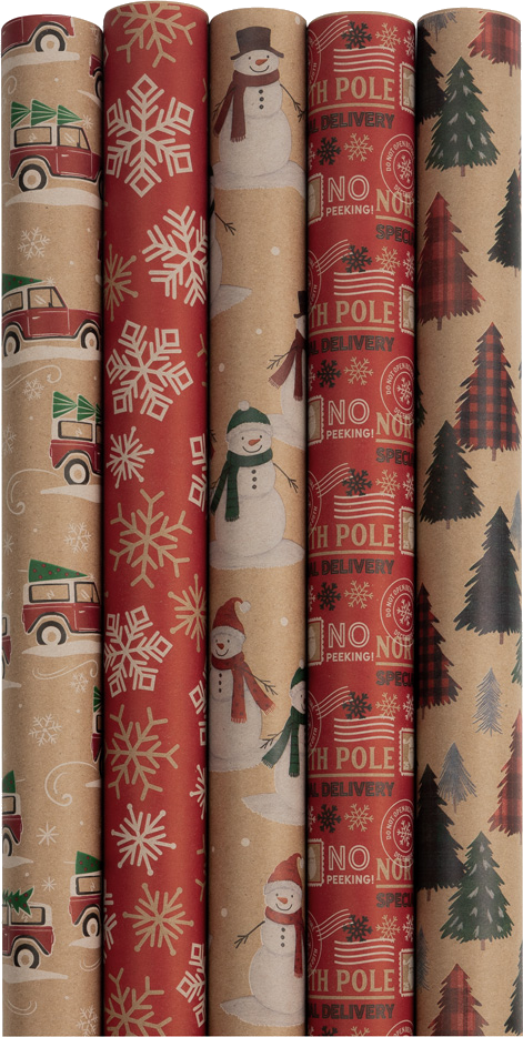 Kids Kraft Christmas Wrapping Paper Set (125 Sq Ft) - 5 Rolls