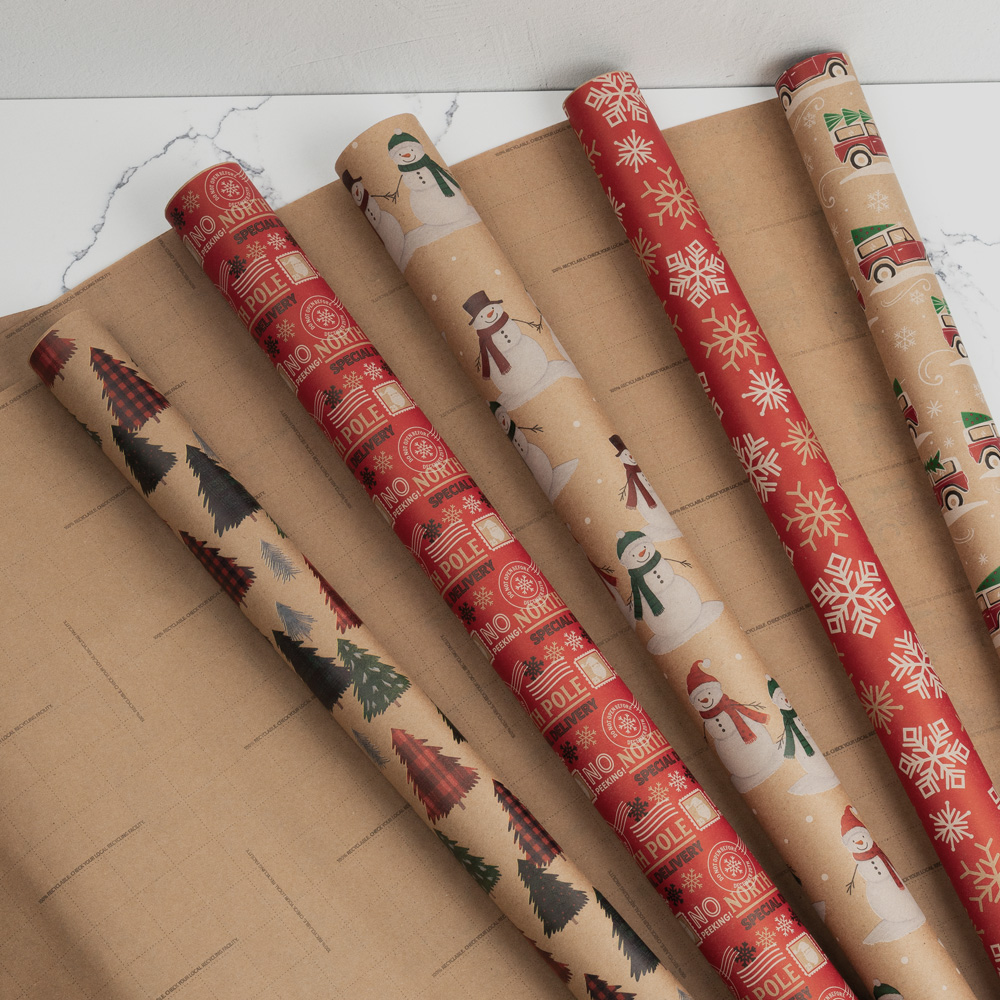Kids Kraft Christmas Wrapping Paper Set (125 Sq Ft) - 5 Rolls