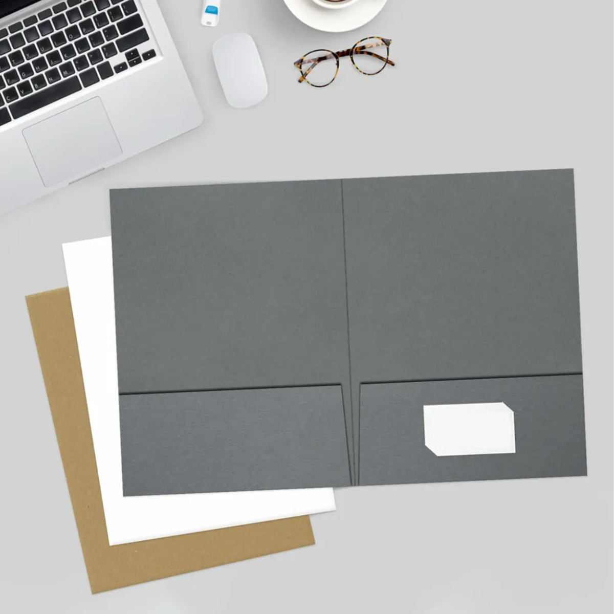 Sterling Gray Linen 9 x 12 Folders with Front Cover Lower Right Card Slits