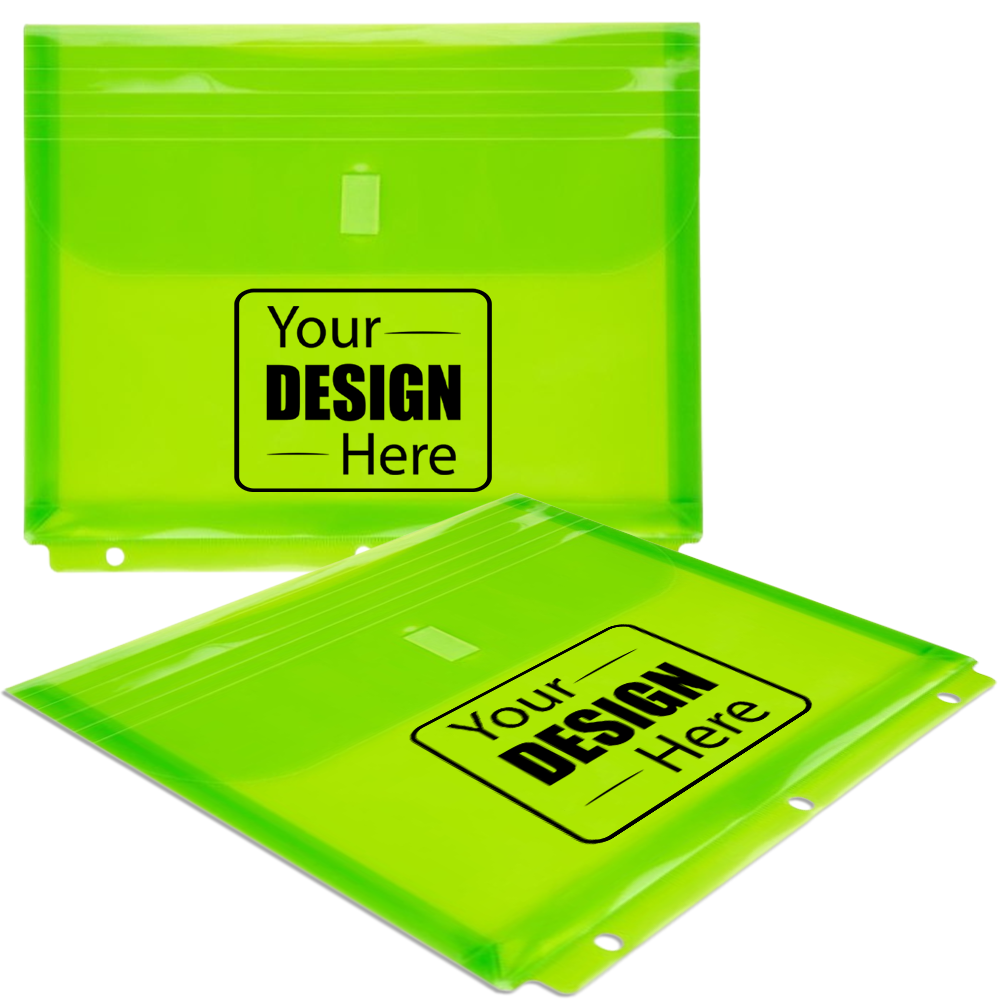 Lime Green Letter Booklet 3 Hole Punch with 1" Expansion Plastic Envelopes (9 1/2 x 11 1/2) with Hook and Loop Closure