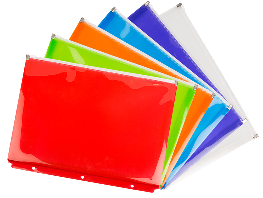 Assorted Letter Booklet 3 Hold Punch Plastic Envelopes (9 3/4 x 13) with Zip Closure - 6 Pack