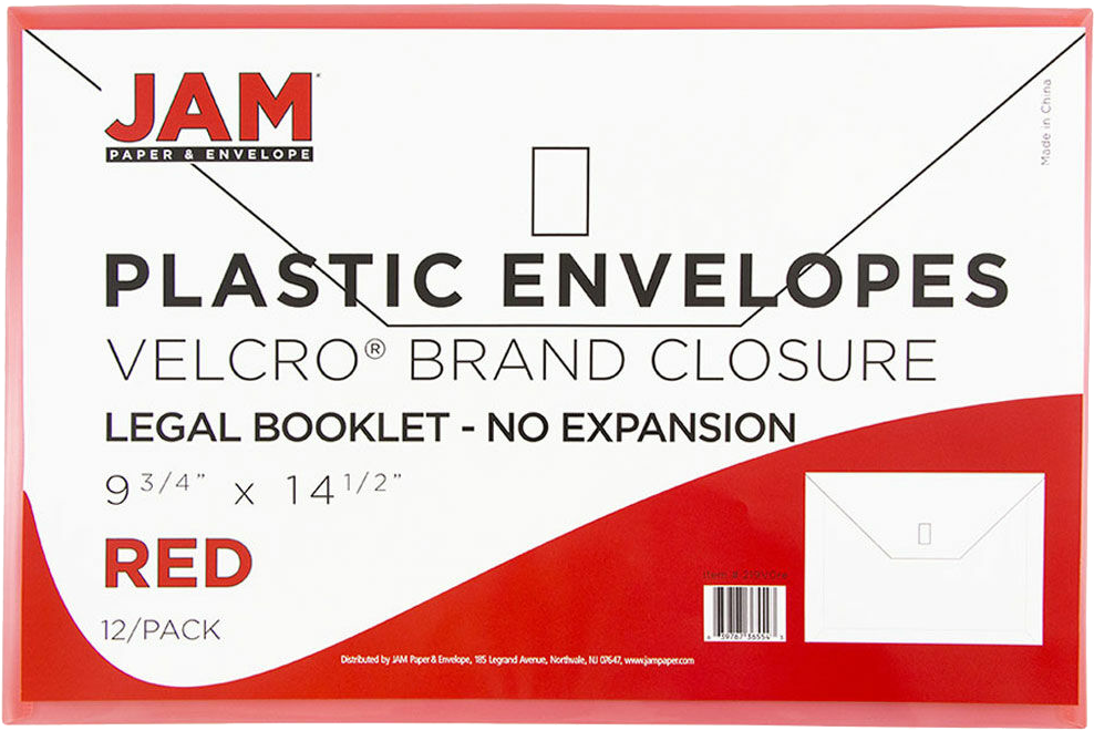 Red Legal Booklet Plastic Envelopes (9 3/4 x 14 1/2) with Hook and Loop Closure