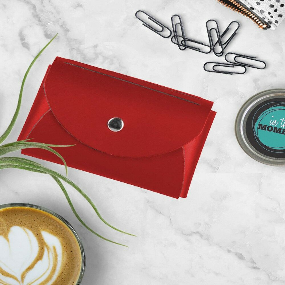 Red Leather Business Card Case with Round Flap - 20 Card Capacity