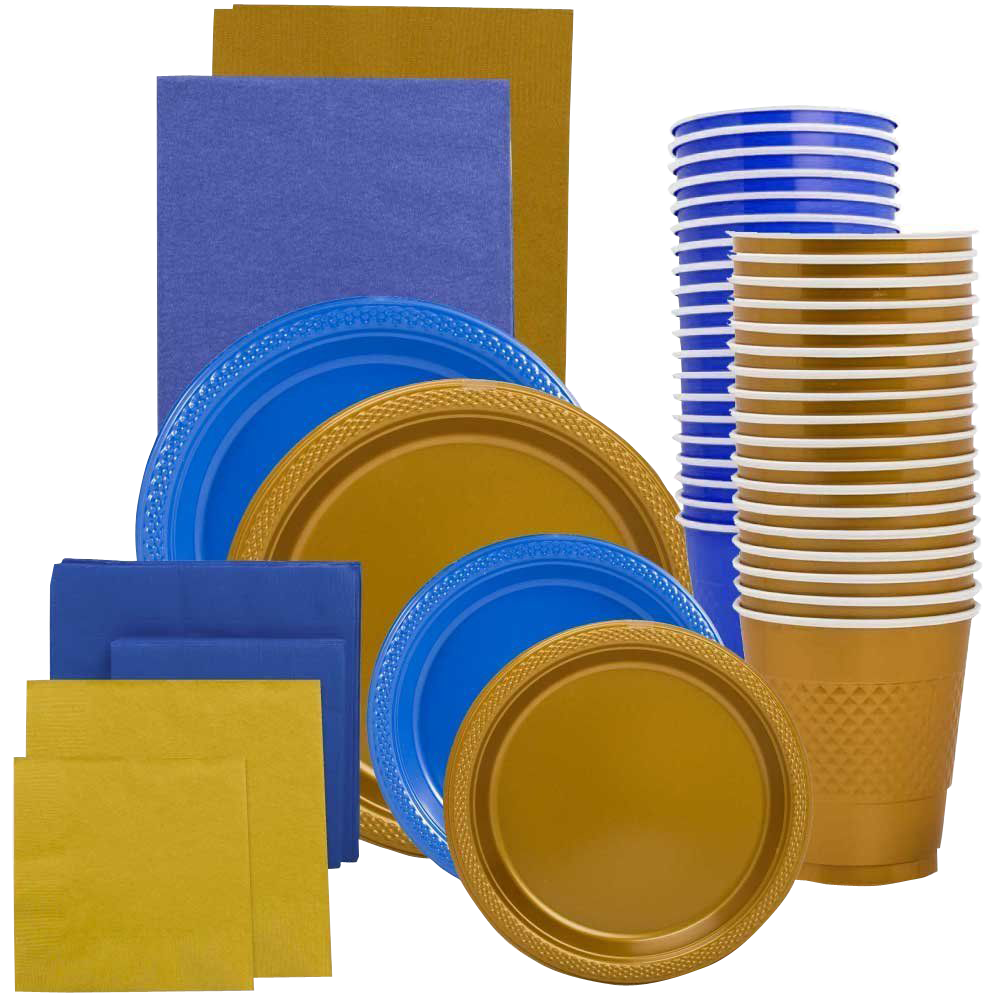 Blue and Gold Party Tableware Kit (Small and Medium Plastic Plates, Lunch and Beverage Napkins, Plastic Cups, and Plastic Tablecovers) - 160 Pack