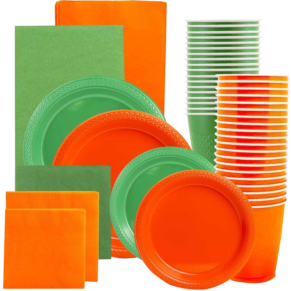 Green and Orange Party Tableware Kit (Small and Medium Plastic Plates, Lunch and Beverage Napkins, Plastic Cups, and Plastic Tablecovers) - 160 Pack