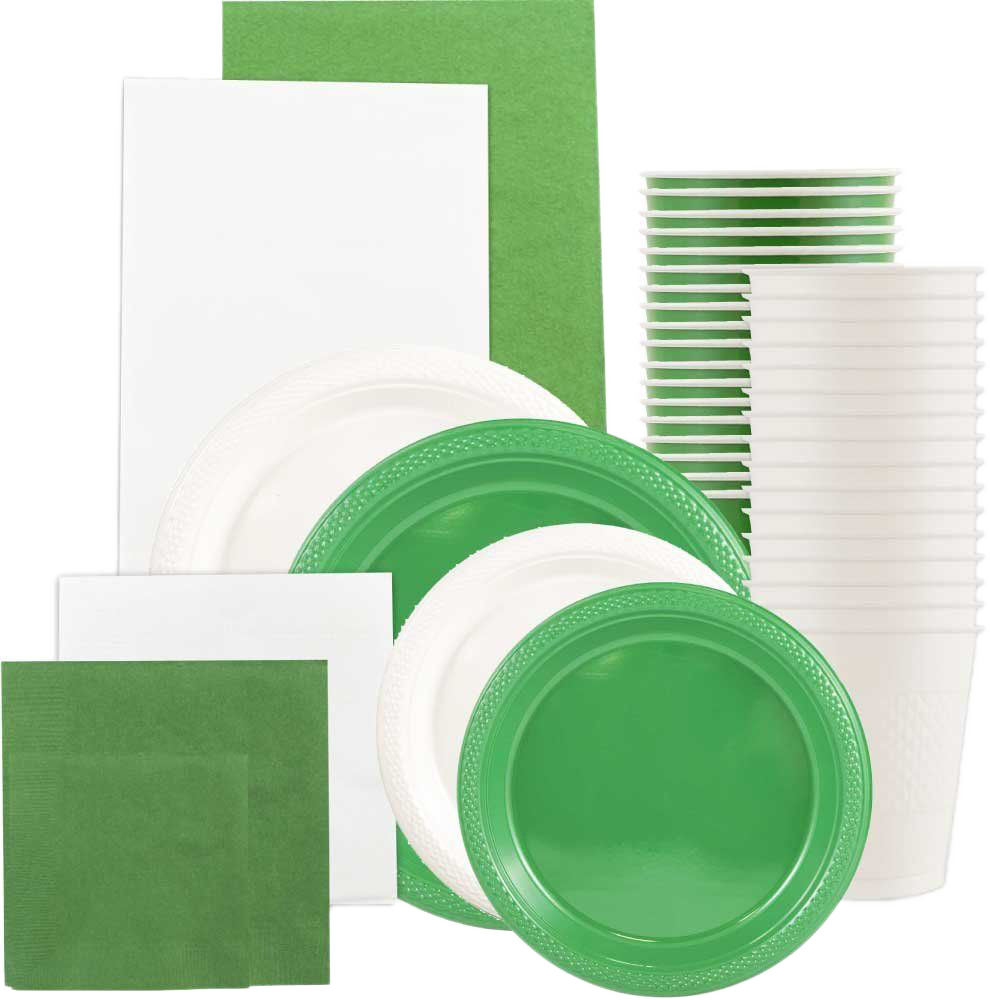 Green and White Party Tableware Kit (Small and Medium Plastic Plates, Lunch and Beverage Napkins, Plastic Cups, and Plastic Tablecovers) - 160 Pack
