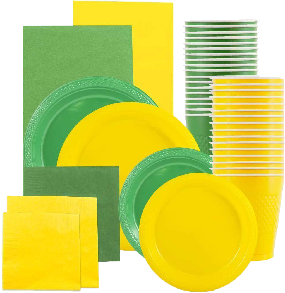 Yellow and Green Party Tableware Kit (Small and Medium Plastic Plates, Lunch and Beverage Napkins, Plastic Cups, and Plastic Tablecovers) - 160 Pack