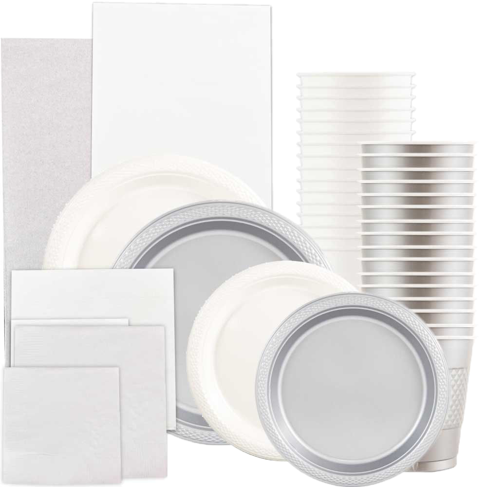 White and Silver Party Tableware Kit (Small and Medium Plastic Plates, Lunch and Beverage Napkins, Plastic Cups, and Plastic Tablecovers) - 160 Pack