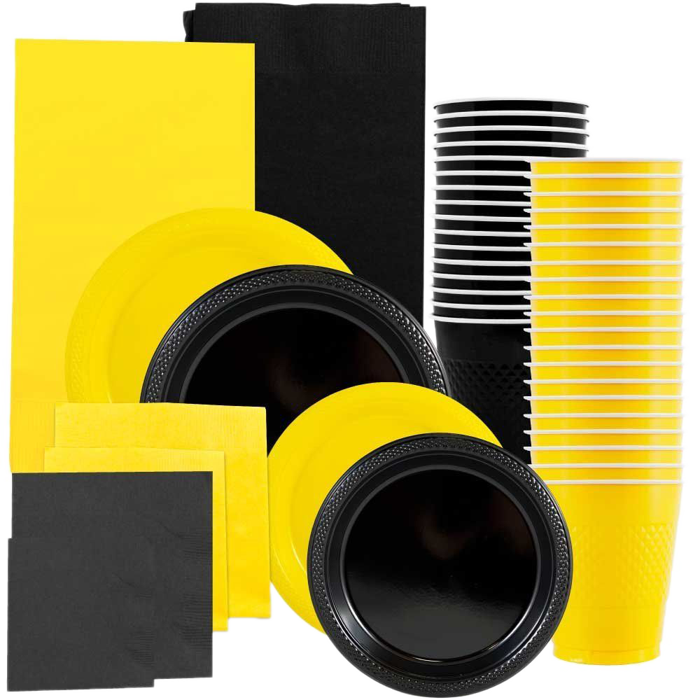 Black and Yellow Party Tableware Kit (Small and Medium Plastic Plates, Lunch and Beverage Napkins, Plastic Cups, and Plastic Tablecovers) - 160 Pack