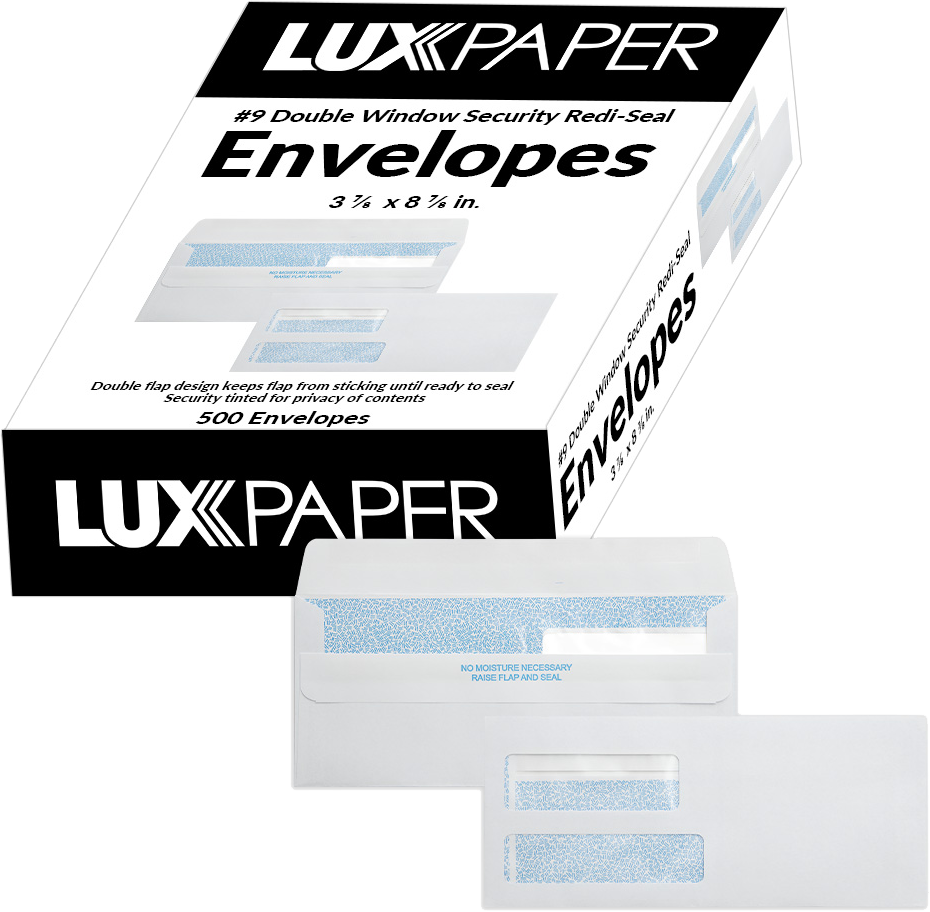 White with Security Tint 24lb #9 Regular Double Window Envelopes (3 7/8 x 8 7/8) with Redi Seal
