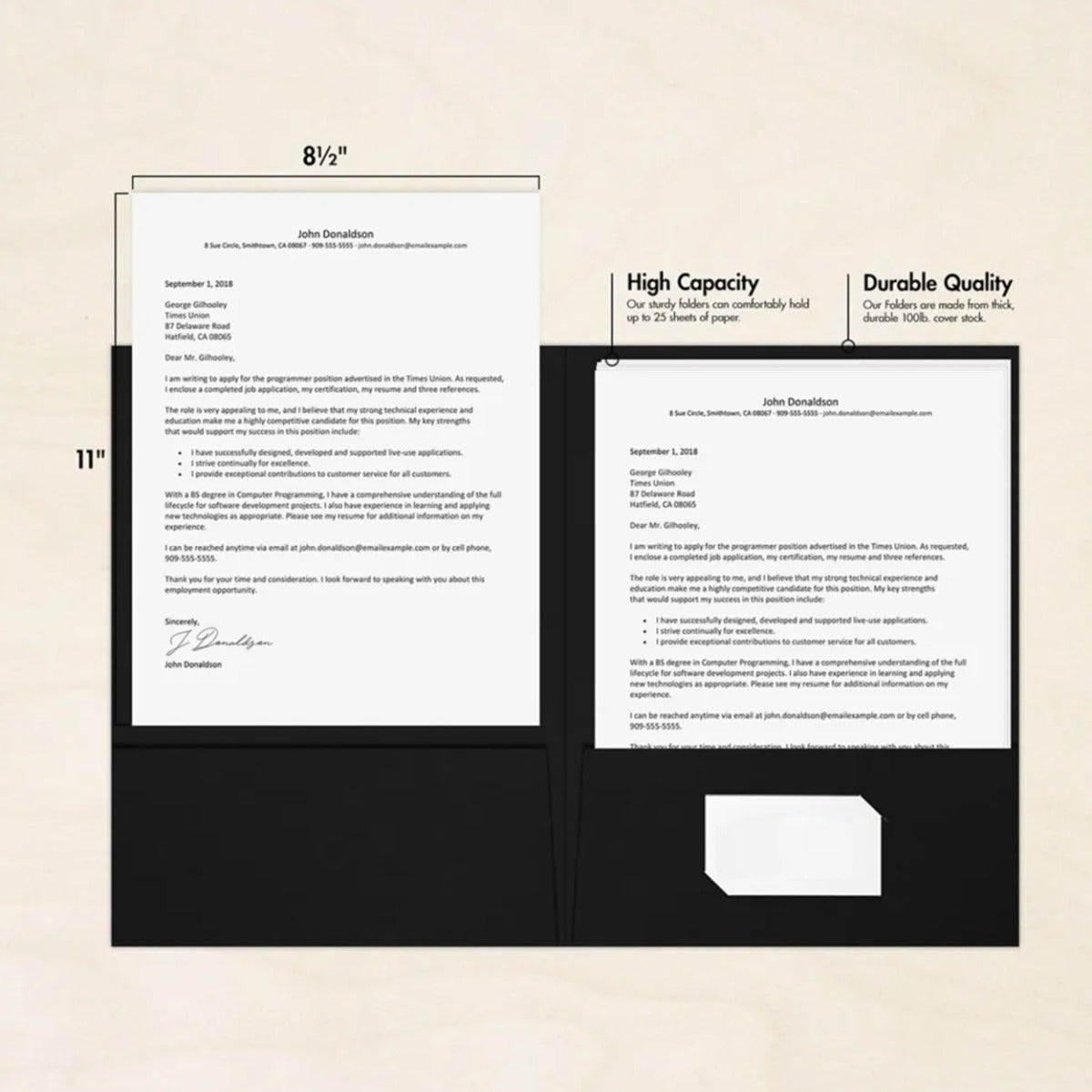 Black Linen 9 x 12 Folders with Front Cover Lower Right Card Slits