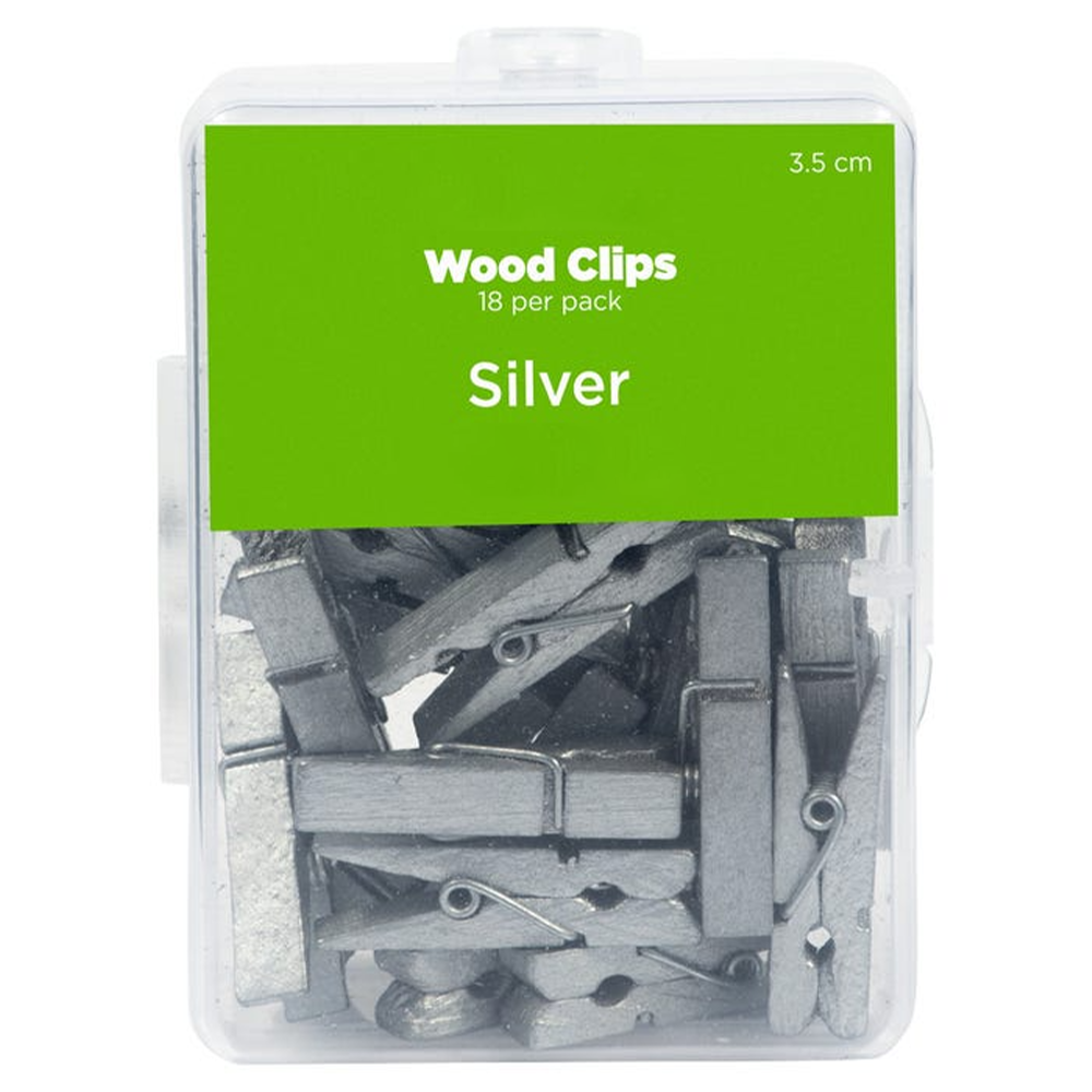 Silver Large 1 3/8 Inch Wood Clips - 18 Pack