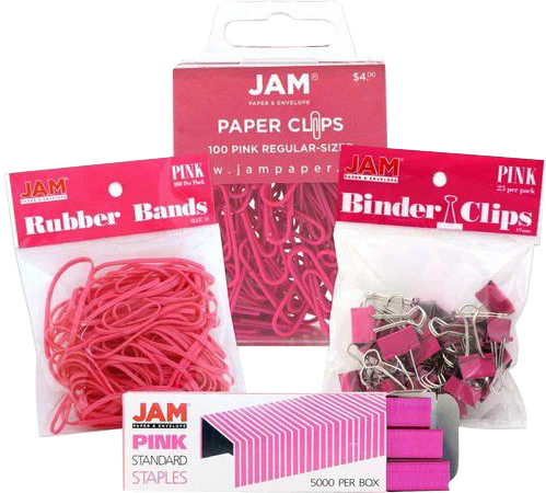 Pink Desk Supplies Set (Regular Paper Clips, Rubber Bands, Small Binder Clips, and Staples)