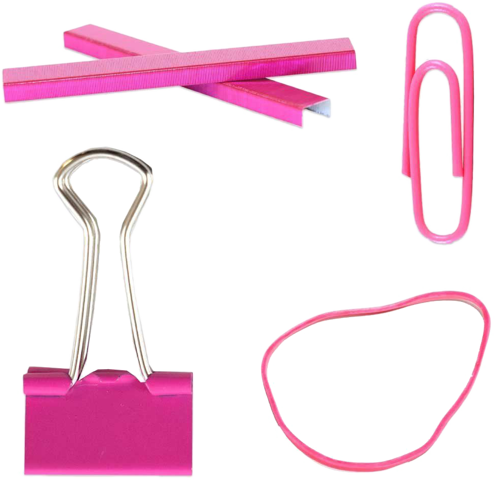 Pink Desk Supplies Set (Regular Paper Clips, Rubber Bands, Small Binder Clips, and Staples)