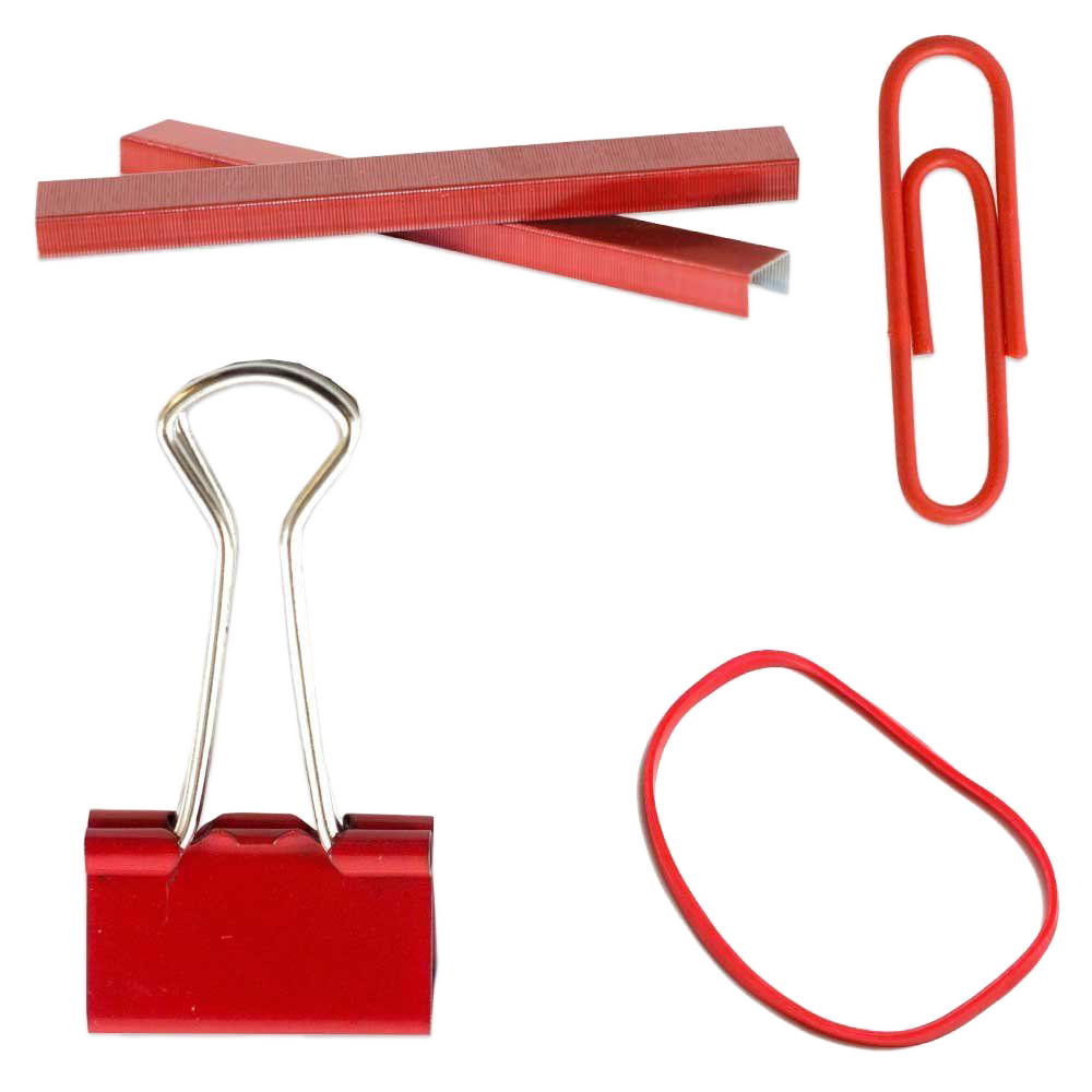 Red Desk Supplies Set (Regular Paper Clips, Rubber Bands, Small Binder Clips, and Staples)