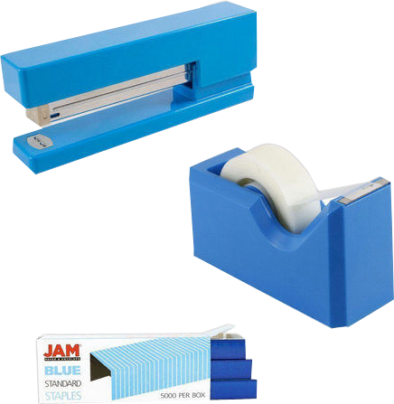 Blue Office Desk Set (Stapler, Tape Dispenser, and Staples)