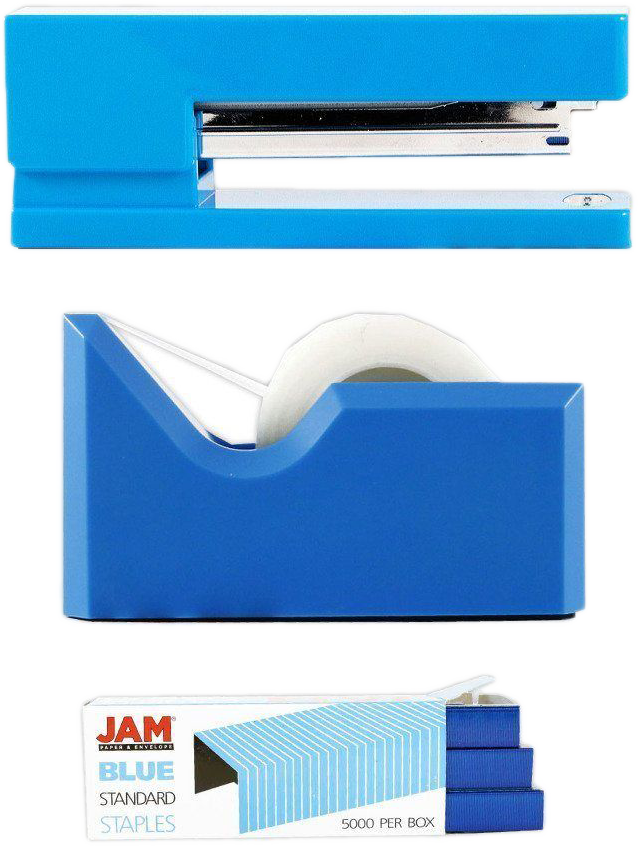 Blue Office Desk Set (Stapler, Tape Dispenser, and Staples)