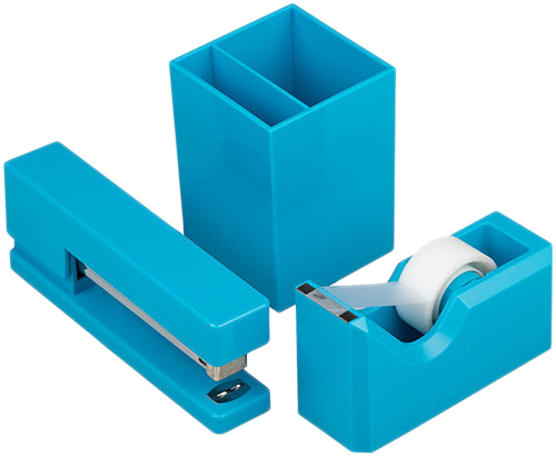 Blue Office Desk Set (Stapler, Tape Dispenser, and Pen Holder)