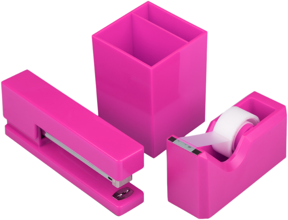 Fuchsia Pink Office Desk Set (Stapler, Tape Dispenser, and Pen Holder)
