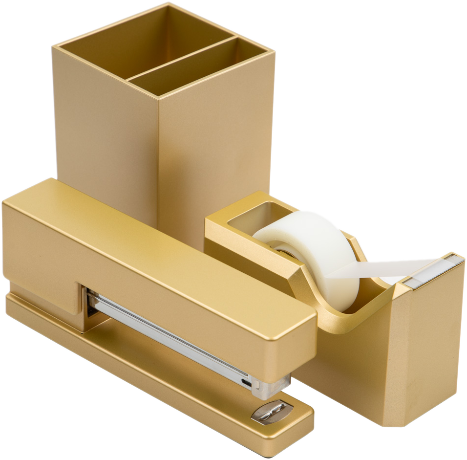 Gold Office Desk Set (Stapler, Tape Dispenser, and Pen Holder)