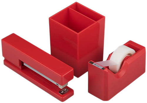 Red Office Desk Set (Stapler, Tape Dispenser, and Pen Holder)