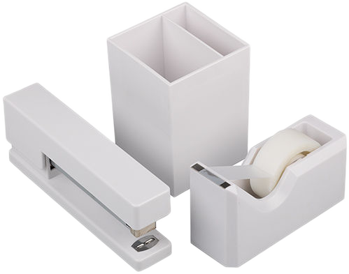 White Office Desk Set (Stapler, Tape Dispenser, and Pen Holder)