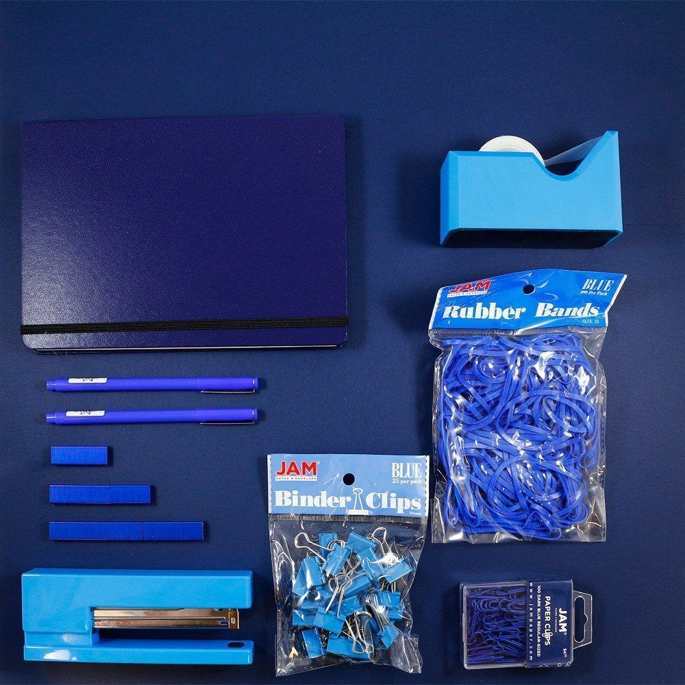 Blue Complete Office Desk Set (Rubber Bands, Journal, Le Pens, Paper Clips, Stapler, Staples, Tape Dispenser, and Binder Clips)