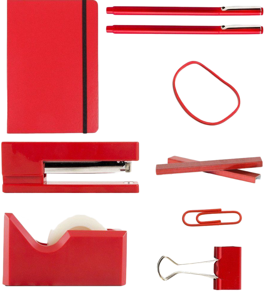 Red Complete Office Desk Set (Rubber Bands, Journal, Le Pens, Paper Clips, Stapler, Staples, Tape Dispenser, and Binder Clips)