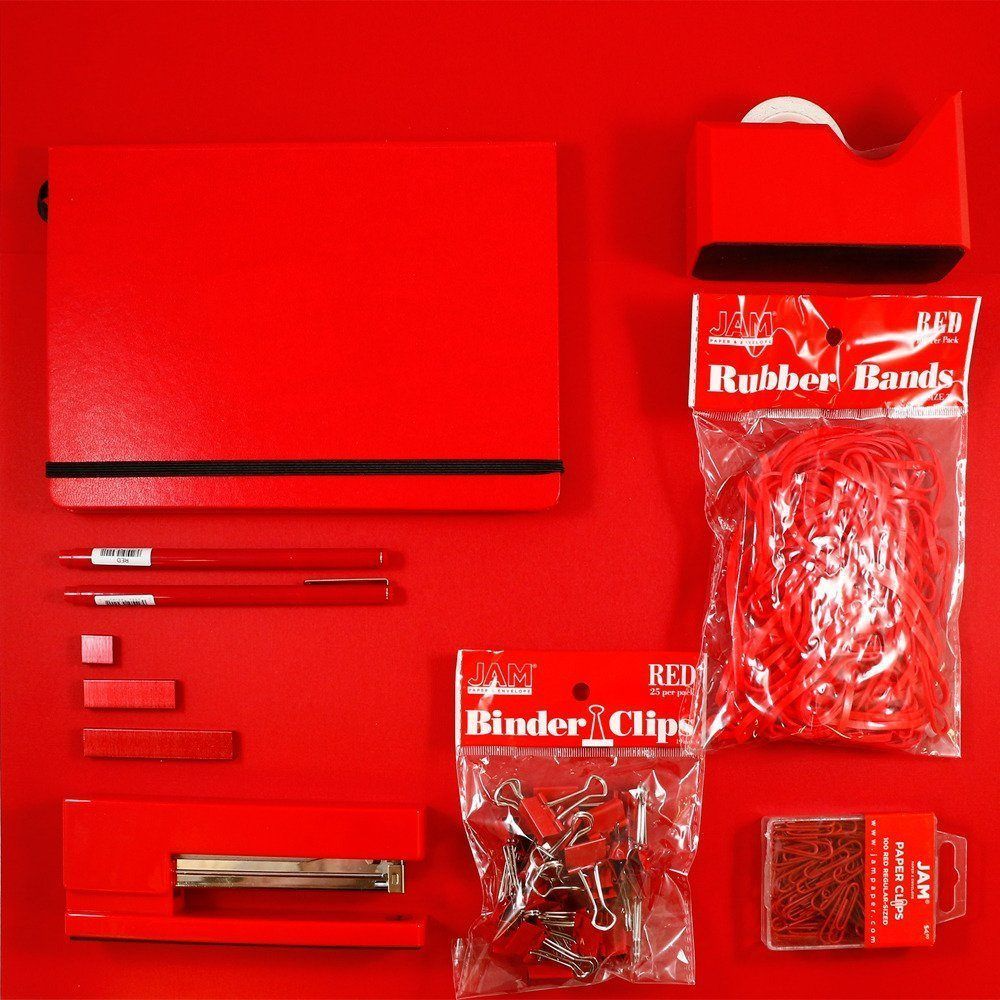 Red Complete Office Desk Set (Rubber Bands, Journal, Le Pens, Paper Clips, Stapler, Staples, Tape Dispenser, and Binder Clips)