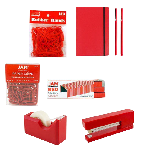Red Complete Office Desk Set (Rubber Bands, Journal, Le Pens, Paper Clips, Stapler, Staples, Tape Dispenser, and Binder Clips)