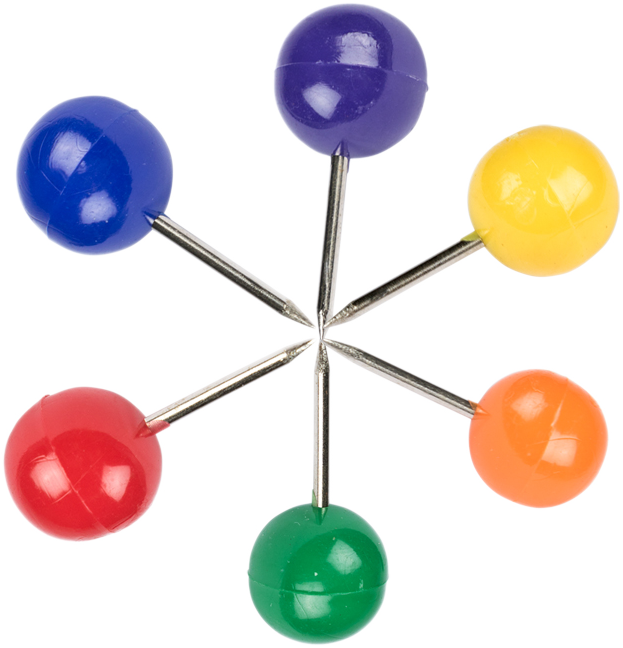 Primary Assorted Round Pushpins - 6 Packs of 100