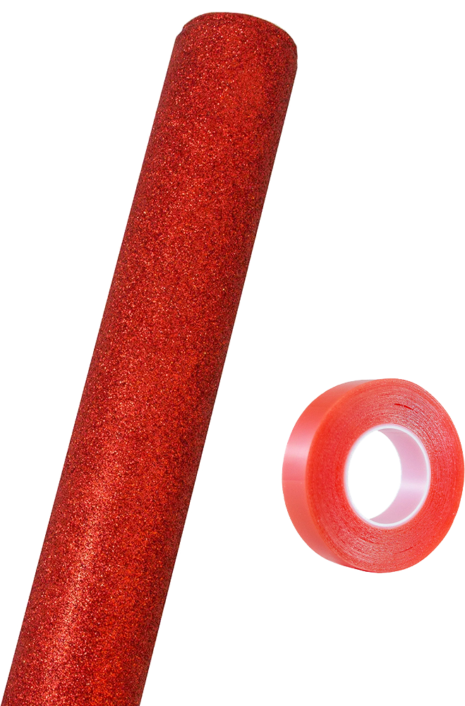 Red Glitter Wrapping Paper with Tape with Double-Sided Tape Set (25 Sq Ft)